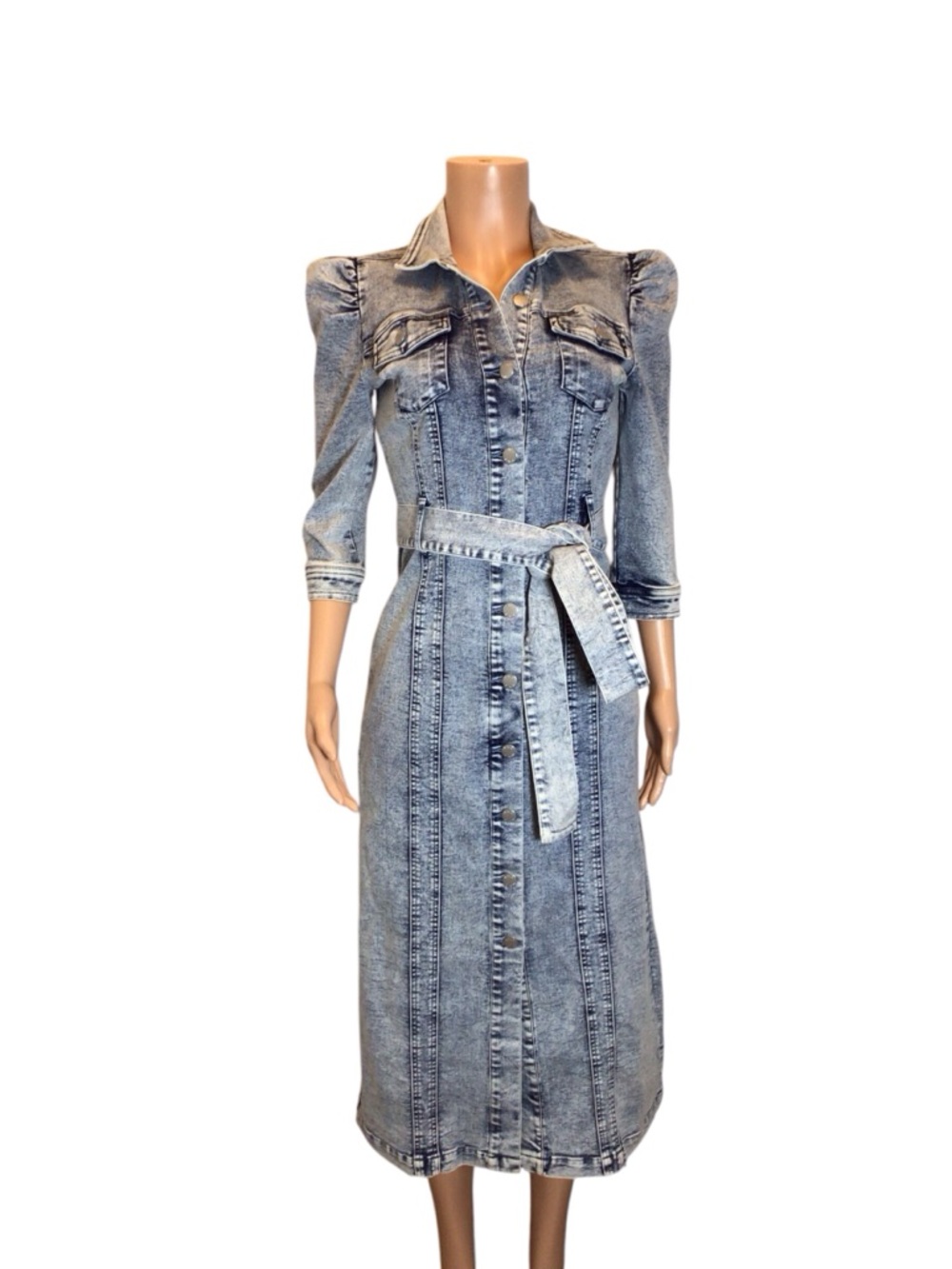 NWOT Venus Denim Midi Dress Sz 6 Puff Sleeve Belted Button Front Stretch - Picture 5 of 12